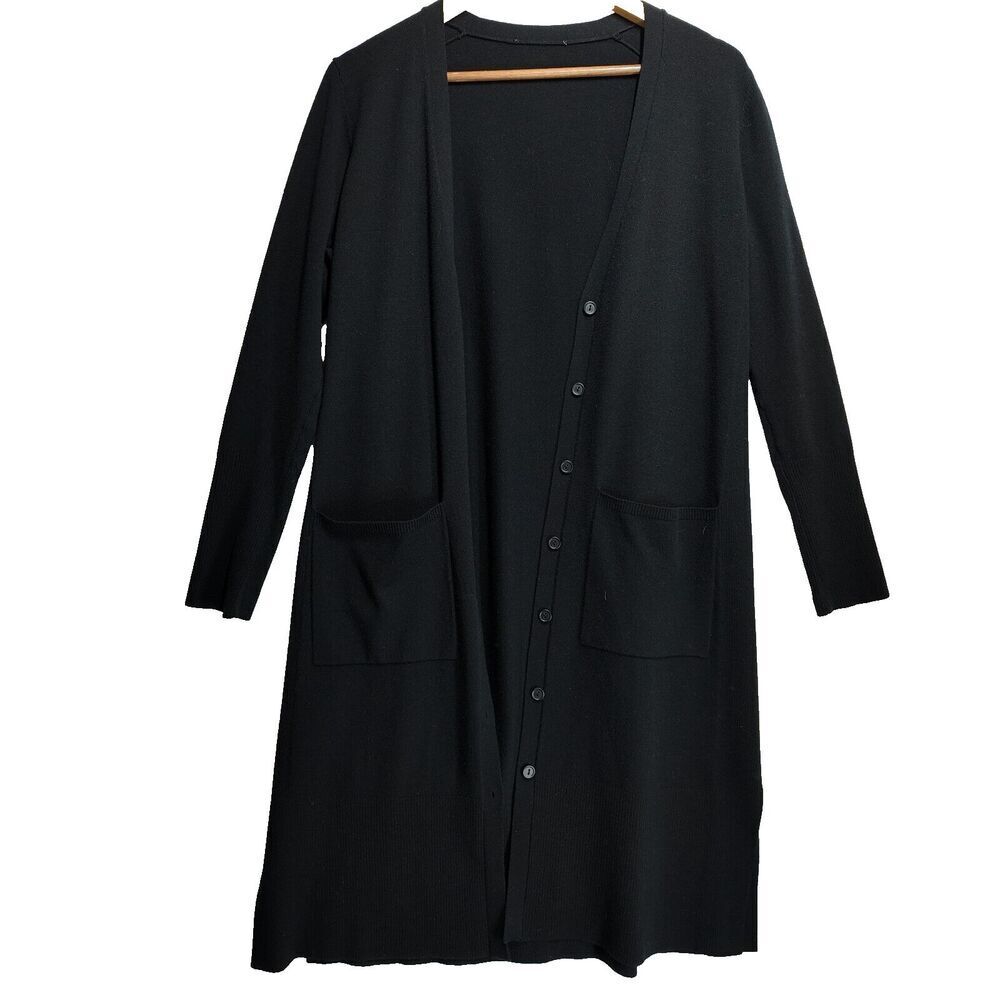 Eileen Fisher Black Wool‎ Blend Long Cardigan Sweater Coat Minimalist Pockets S